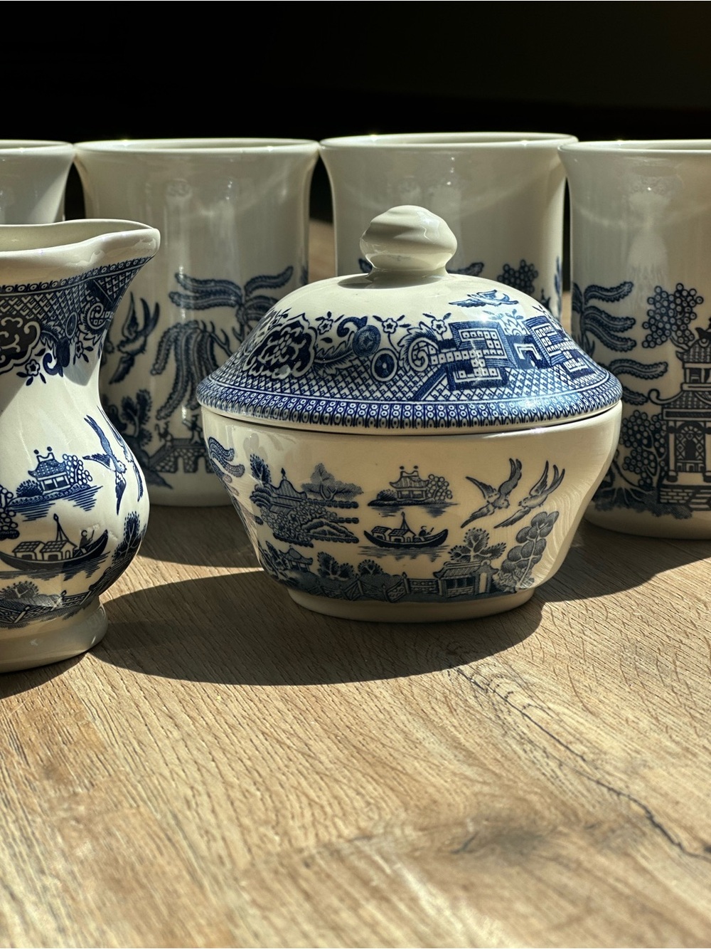 Blue and White Porcelain Lidded Sugar Bowl - Classic Willow Pattern
